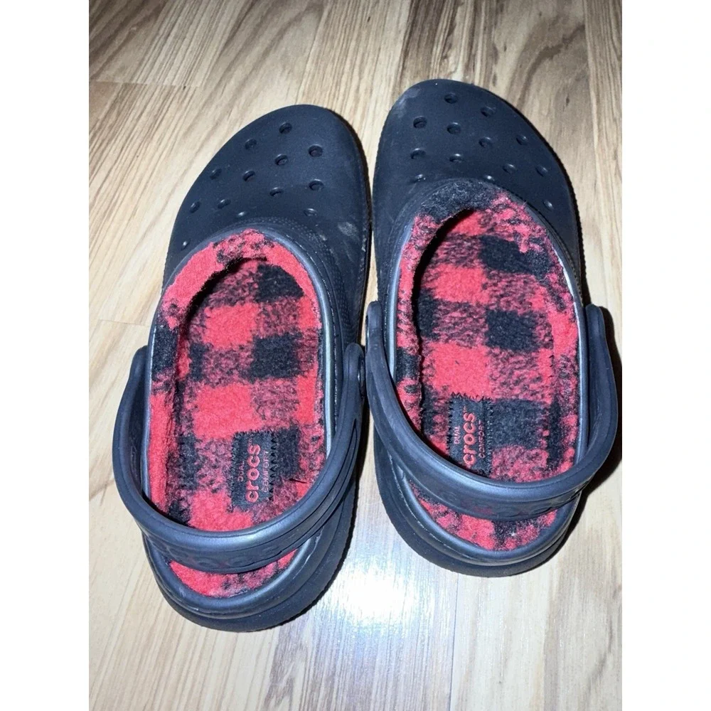 CROCS Kids Black Clog with Red Plaid Lining